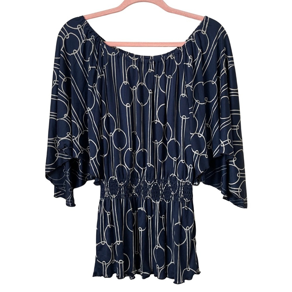 Trina Turk Blouse Womens Medium Blue Silk Chain Link Smocked Waist Dolman Sleeve